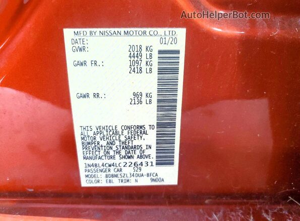 1N4BL4CW4LC226431 2020 NISSAN ALTIMA Оранжевый Вид подкапотного пространства