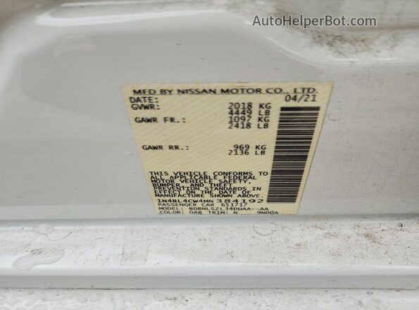 1N4BL4CW4MN384192 2021 NISSAN ALTIMA Белый Вид подкапотного пространства