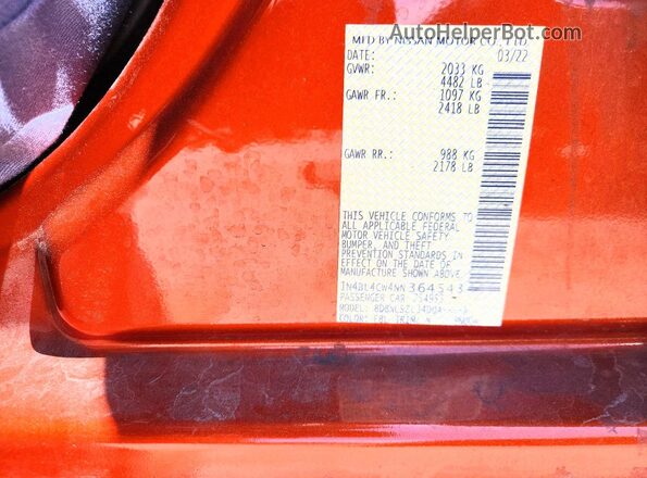 1N4BL4CW4NN364543 2022 NISSAN ALTIMA Orange VIN კოდის სტიკერის ხედი