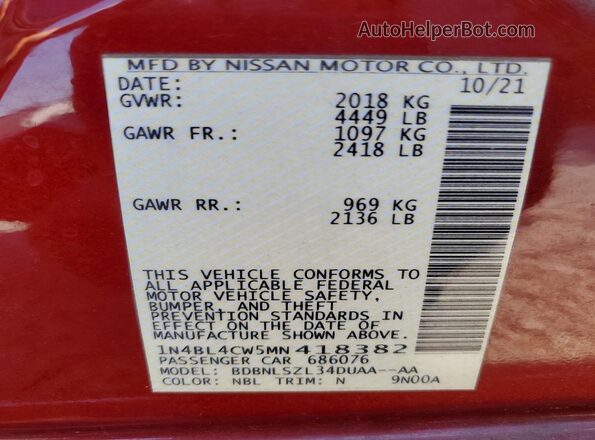1N4BL4CW5MN418382 2021 NISSAN ALTIMA Red ძრავის განყოფილების ხედი