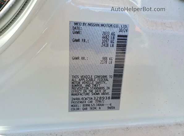 1N4BL4CW7SN328938 2025 NISSAN ALTIMA White Widok naklejki z numerem VIN
