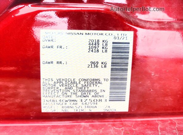 1N4BL4CW9MN375083 2021 NISSAN ALTIMA Красный Вид подкапотного пространства