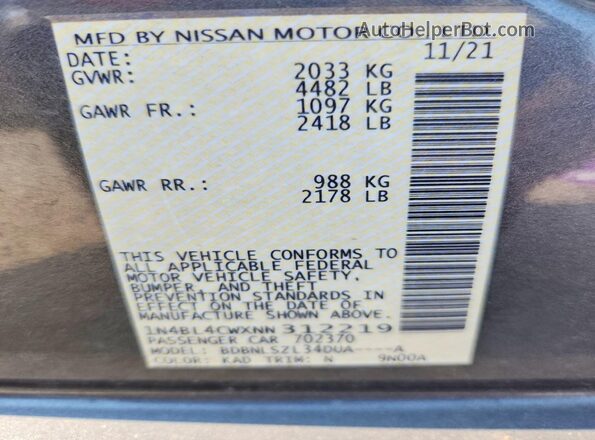 1N4BL4CWXNN312219 2022 NISSAN ALTIMA Silver VIN კოდის სტიკერის ხედი
