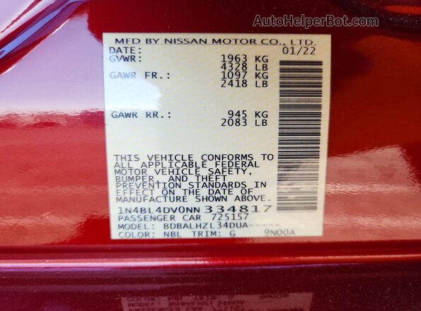 1N4BL4DV0NN334817 2022 NISSAN ALTIMA Red Vista del compartimento del motor