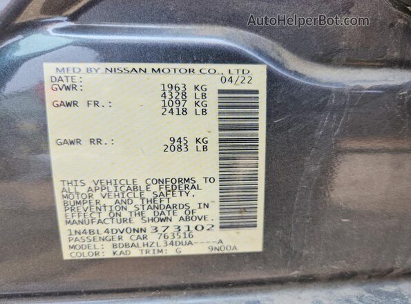 1N4BL4DV0NN373102 2022 NISSAN ALTIMA Gray Вид підкапотного простору