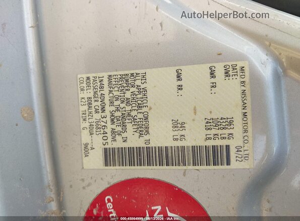 1N4BL4DV0NN376405 2022 NISSAN ALTIMA Silver Widok komory silnika