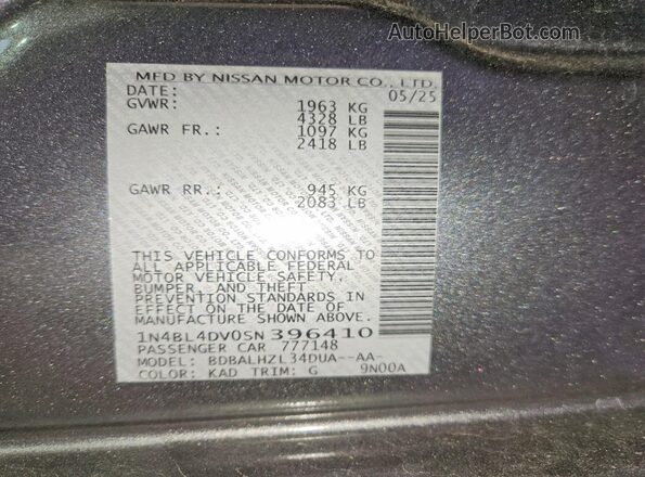 1N4BL4DV0SN396410 2025 NISSAN ALTIMA Gray Շարժիչի բաժամունքի տեսք