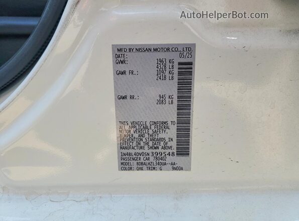 1N4BL4DV0SN399548 2025 NISSAN ALTIMA White Вид підкапотного простору