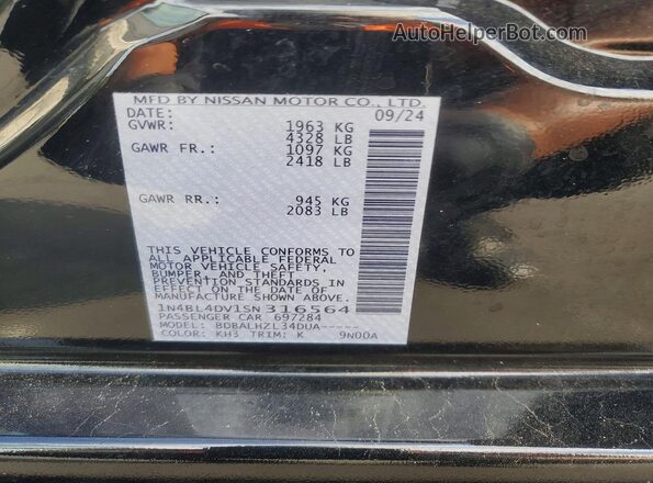 1N4BL4DV1SN316564 2025 NISSAN ALTIMA Черный Вид подкапотного пространства