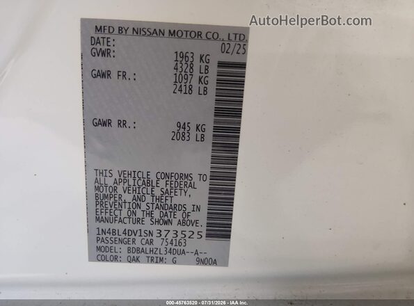 1N4BL4DV1SN373525 2025 NISSAN ALTIMA White Vista del compartimento del motor