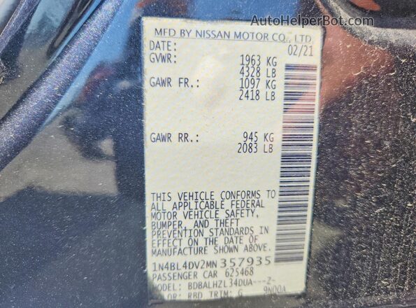1N4BL4DV2MN357935 2021 NISSAN ALTIMA Black VIN sticker view