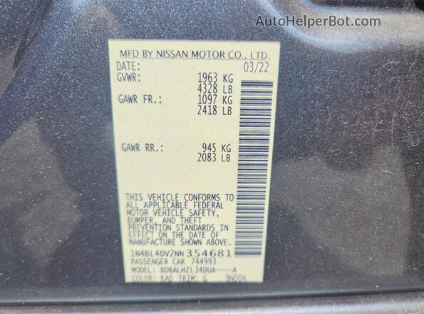 1N4BL4DV2NN354681 2022 NISSAN ALTIMA Gray ძრავის განყოფილების ხედი