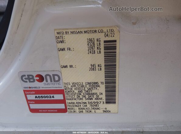 1N4BL4DV2NN369973 2022 NISSAN ALTIMA White Widok komory silnika