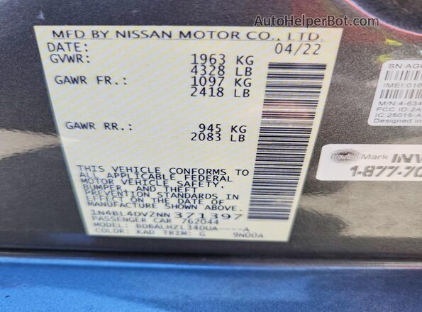 1N4BL4DV2NN371397 2022 NISSAN ALTIMA Charcoal Vista del compartimento del motor