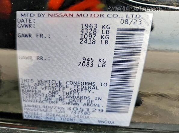 1N4BL4DV2RN305129 2024 NISSAN ALTIMA Black VIN კოდის სტიკერის ხედი