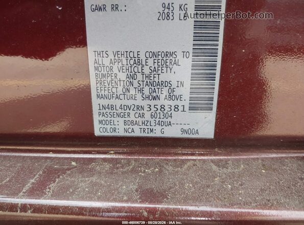 1N4BL4DV2RN358381 2024 NISSAN ALTIMA Burgundy ძრავის განყოფილების ხედი