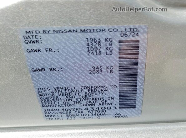 1N4BL4DV2RN434083 2024 NISSAN ALTIMA Серебряный Вид наклейки с VIN-кодом