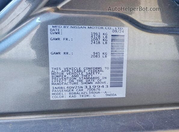 1N4BL4DV2SN319943 2025 NISSAN ALTIMA Gray Widok naklejki z numerem VIN