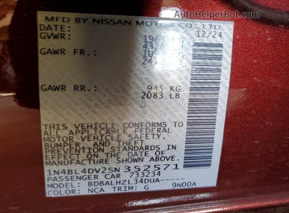 1N4BL4DV2SN352571 2025 NISSAN ALTIMA Burgundy Widok komory silnika