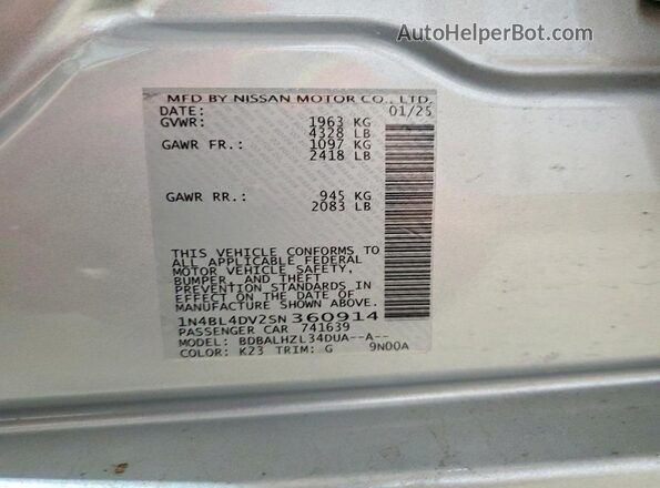 1N4BL4DV2SN360914 2025 NISSAN ALTIMA Silver Շարժիչի բաժամունքի տեսք