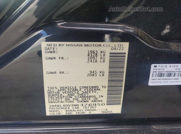 1N4BL4DV3NN376950 2022 NISSAN ALTIMA Gray Widok komory silnika