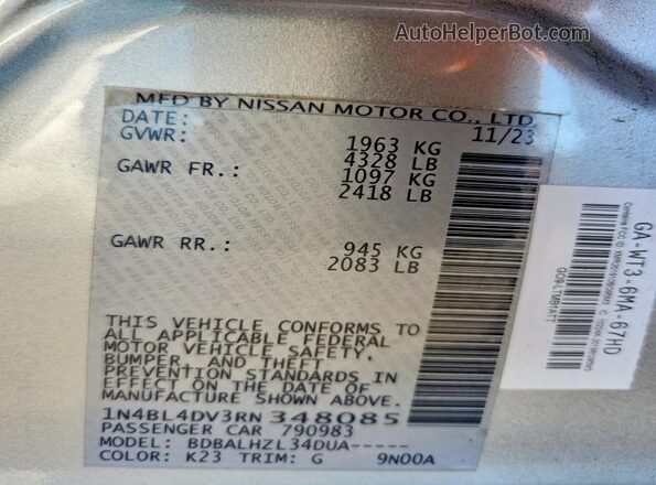 1N4BL4DV3RN348085 2024 NISSAN ALTIMA Silver VIN կոդի պիտակի տեսք