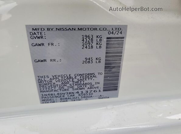 1N4BL4DV3RN413761 2024 NISSAN ALTIMA Белый Вид наклейки с VIN-кодом