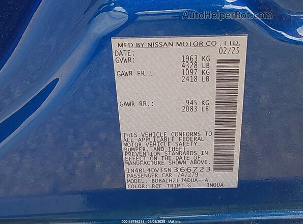 1N4BL4DV3SN366723 2025 NISSAN ALTIMA Blue ძრავის განყოფილების ხედი