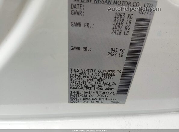 1N4BL4DV3SN374076 2025 NISSAN ALTIMA White Engine compartment view