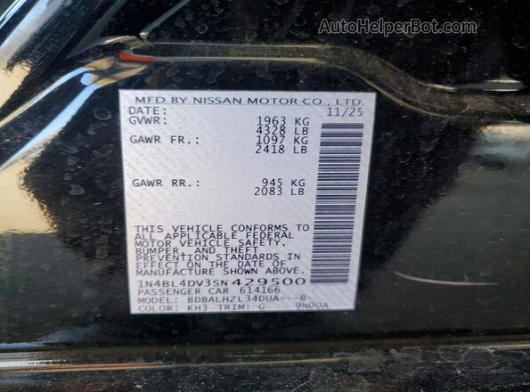 1N4BL4DV3SN429500 2025 NISSAN ALTIMA Black Vista de la etiqueta del VIN
