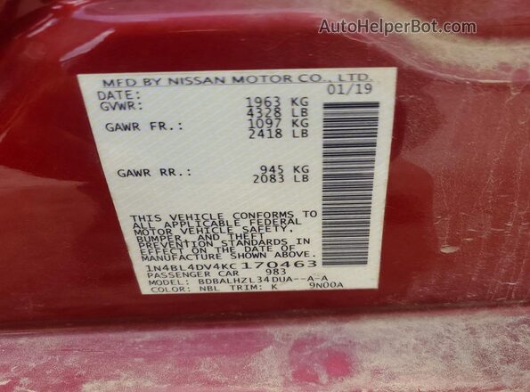 1N4BL4DV4KC170463 2019 NISSAN ALTIMA Red Engine compartment view