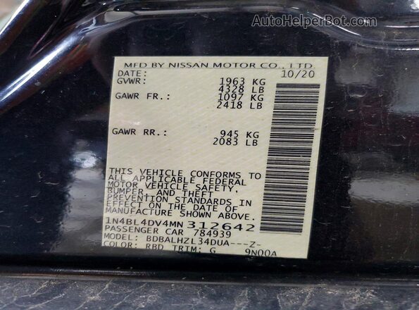 1N4BL4DV4MN312642 2021 NISSAN ALTIMA Угольный Вид наклейки с VIN-кодом