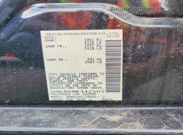 1N4BL4DV4MN342501 2021 NISSAN ALTIMA Черный Вид наклейки с VIN-кодом