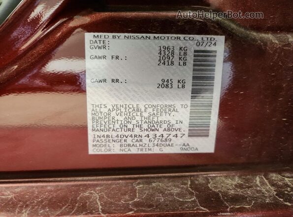 1N4BL4DV4RN434747 2024 NISSAN ALTIMA Бордовый Вид подкапотного пространства