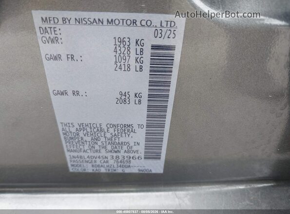1N4BL4DV4SN383966 2025 NISSAN ALTIMA Gray Вид підкапотного простору