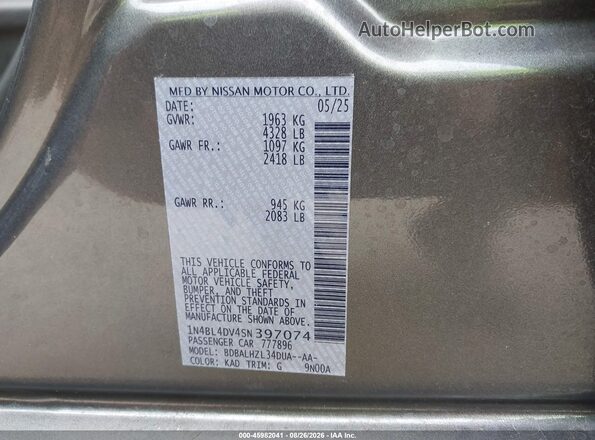 1N4BL4DV4SN397074 2025 NISSAN ALTIMA Серый Вид подкапотного пространства
