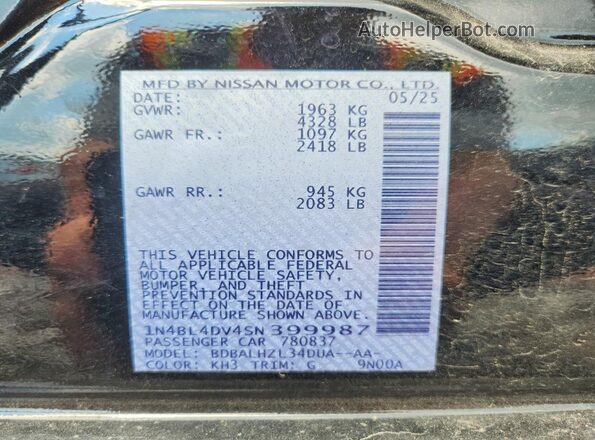 1N4BL4DV4SN399987 2025 NISSAN ALTIMA Black Vista del compartimento del motor