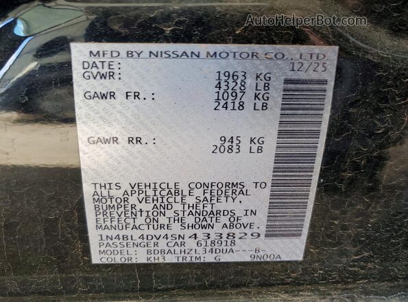 1N4BL4DV4SN433829 2025 NISSAN ALTIMA Black Vista de la etiqueta del VIN