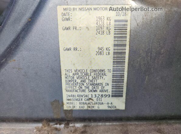 1N4BL4DV5KC132899 2019 NISSAN ALTIMA Gray Widok naklejki z numerem VIN