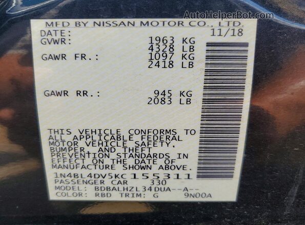 1N4BL4DV5KC155311 2019 NISSAN ALTIMA Charcoal VIN կոդի պիտակի տեսք