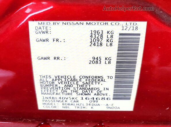 1N4BL4DV5KC164686 2019 NISSAN ALTIMA Burgundy Widok komory silnika