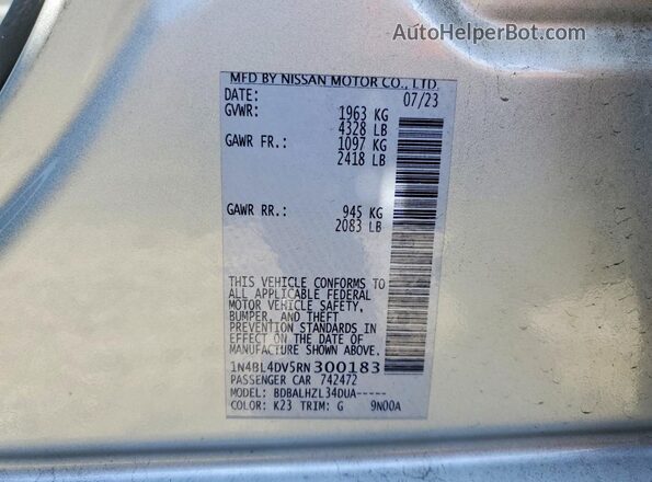 1N4BL4DV5RN300183 2024 NISSAN ALTIMA Серебряный Вид наклейки с VIN-кодом