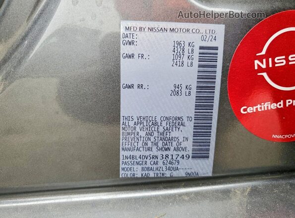 1N4BL4DV5RN381749 2024 NISSAN ALTIMA Silver VIN կոդի պիտակի տեսք