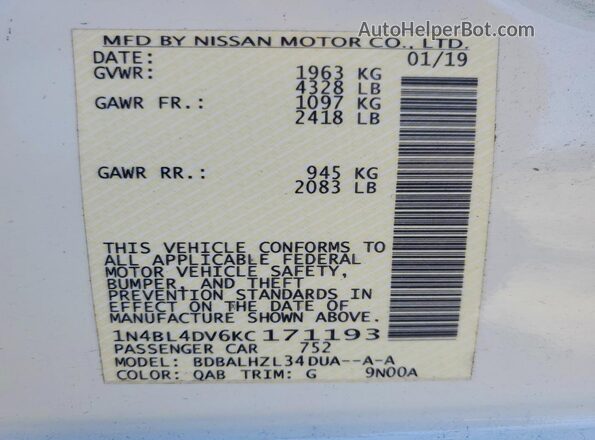 1N4BL4DV6KC171193 2019 NISSAN ALTIMA White ძრავის განყოფილების ხედი
