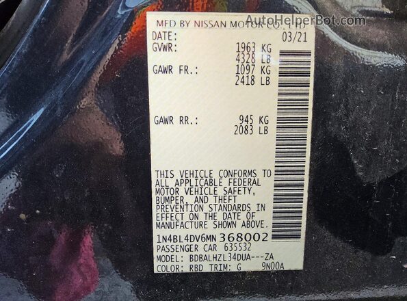 1N4BL4DV6MN368002 2021 NISSAN ALTIMA Black Vista de la etiqueta del VIN