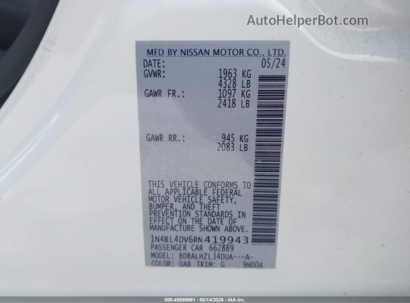 1N4BL4DV6RN419943 2024 NISSAN ALTIMA White Շարժիչի բաժամունքի տեսք