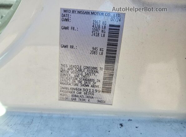 1N4BL4DV6SN301199 2025 NISSAN ALTIMA White VIN կոդի պիտակի տեսք