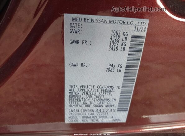 1N4BL4DV6SN341735 2025 NISSAN ALTIMA Maroon Շարժիչի բաժամունքի տեսք