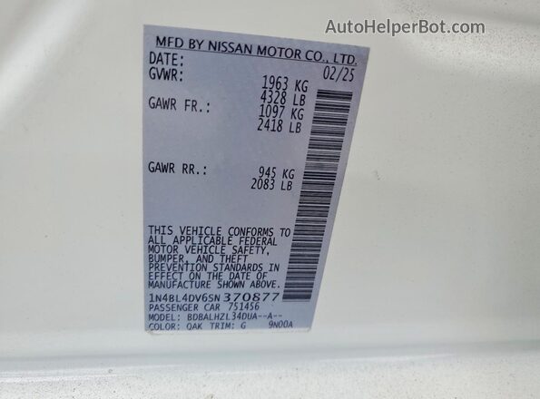 1N4BL4DV6SN370877 2025 NISSAN ALTIMA White VIN sticker view