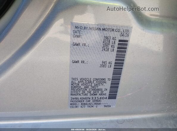 1N4BL4DV6TN335404 2026 NISSAN ALTIMA Silver Вид підкапотного простору